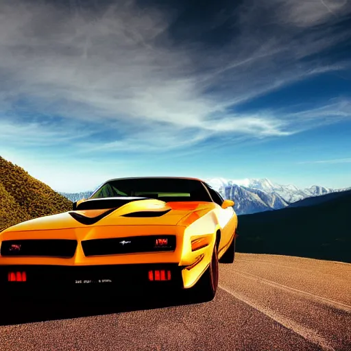 Image similar to black pontiac firebird trans - am driving towards the camera, mountain, valley, breathtaking mountains, lake, dynamic, sunrise, cinematic, motionblur, sunbeams, volumetric lighting, wide shot, low angle, artstation