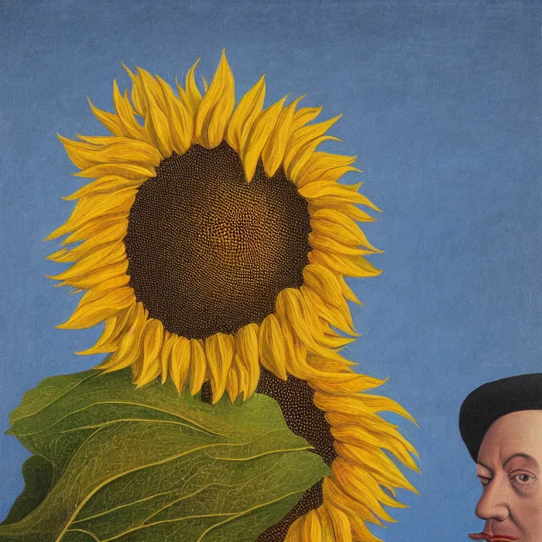 Image similar to portrait of a faceless sunflower - head man by rene magritte, detailed painting, distance, centered, hd, hq, high resolution, high detail, 4 k, 8 k