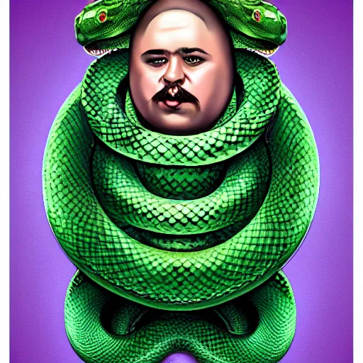 Image similar to hyperreal morbidly obese 2000kilo snake oil salesman wearing authentic purple green sip tech cowboy augmentation and curly snake moustache, fat man standing in front of blank background