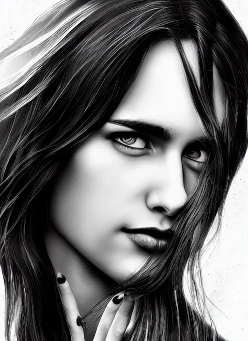 Image similar to full body portrait of a beautiful young woman in black and white, photorealistic, hair down to waist, sharp focus, in the style of Kevin Kostic, Stephen Lau and artgerm, hyper sharp focus, 8k highly detailed