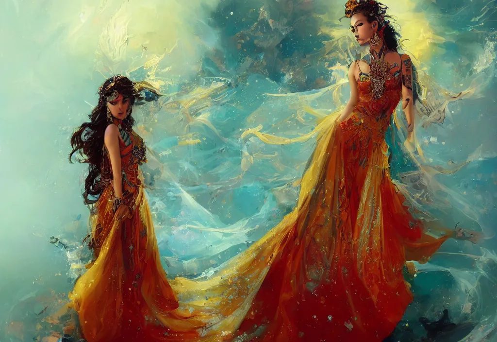 Prompt: full body portrait of a duo of 1 9 years old girl figures, oriental tattoos, jeweled ornament over forehead, jewelry, subject wearing a high fashion mystical gown, flowing, beautiful, dramatic, cinematic lighting, ultramarine, indian yellow, fire red, few vivid turquoise highlights, by greg rutkowski and jeremy mann, artstation, pixiv, oil on canvas