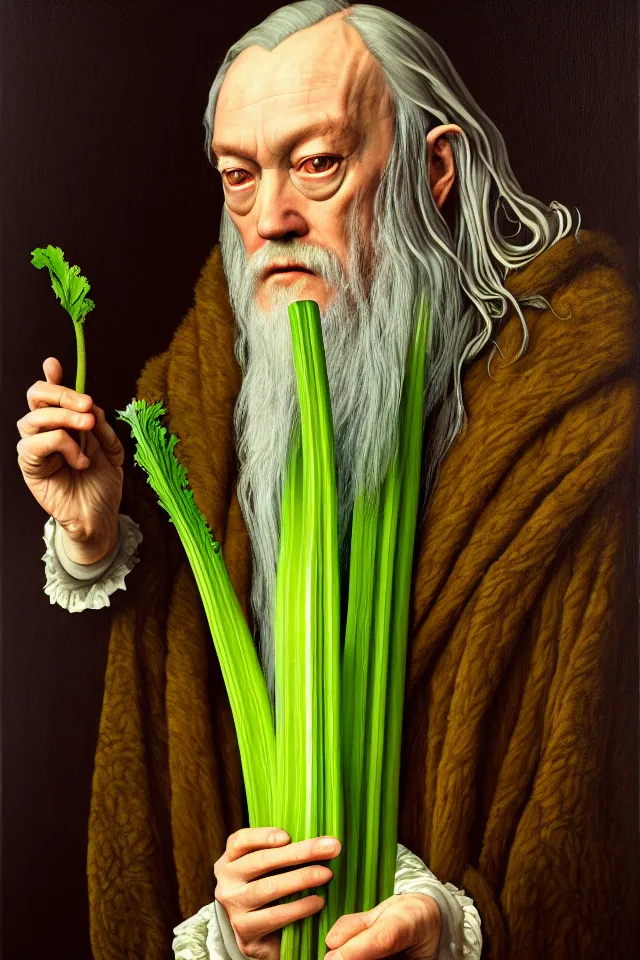 Image similar to bizarre renaissance portrait of dumbledore as a highly detailed celery stick, dramatic cinematic lighting, 8 k, beautiful intricate painting by dan mumford