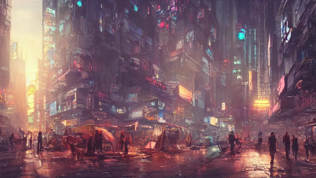 Image similar to Cyberpunk city, street vendors, citizens, augmented cyborgs, robots, skyscapers, buildings, clouds, sunset, painted by seb mckinnon, high detail, digital art, trending on artstation