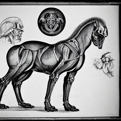 Image similar to anatomical drawing of a mythical creature. highly detailed. science book.