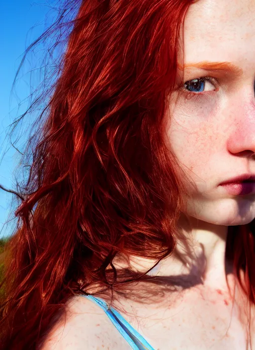 Image similar to close up portrait photograph of a thin young redhead woman with russian descent, sunbathed skin, with deep blue symmetrical!! eyes and Wavy long maroon colored hair who looks directly at the camera, with a Slightly open mouth, face takes up half of the photo. a park visible in the background. 55mm nikon. Intricate. Very detailed 8k texture. Sharp. Cinematic post-processing. Award winning portrait photography. Sharp eyes.