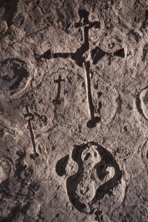 Image similar to 4 k photography of petroglyphs representing crosses, ufo, yin yang symbol on a cave