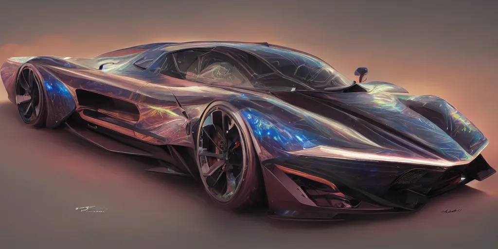Image similar to a custom-built sport car, painted in dark color holographic pearlescent, elegant, digital painting, concept art, smooth, sharp focus, art style from Wang Ke and Greg Rutkowski and Bruce Kaiser and Scott Robertson and Dmitry Mazurkevich and Doruk Erdem and Jon Sibal