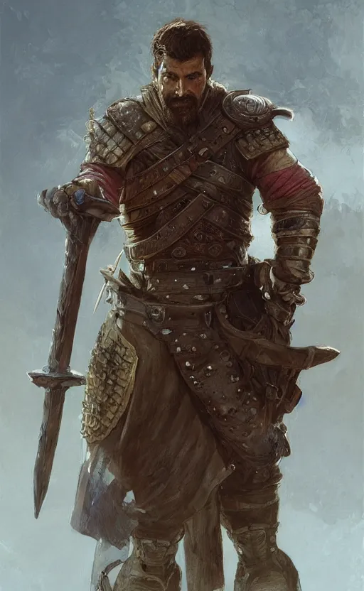 Image similar to '' Face portrait of a rugged adventurer with a leather armor holding a big sword getting ready for battle, d&d, fantasy, high detail, digital painting, artstation, concept art, sharp focus, illustration, art by greg rutkowski and alphonse mucha ''