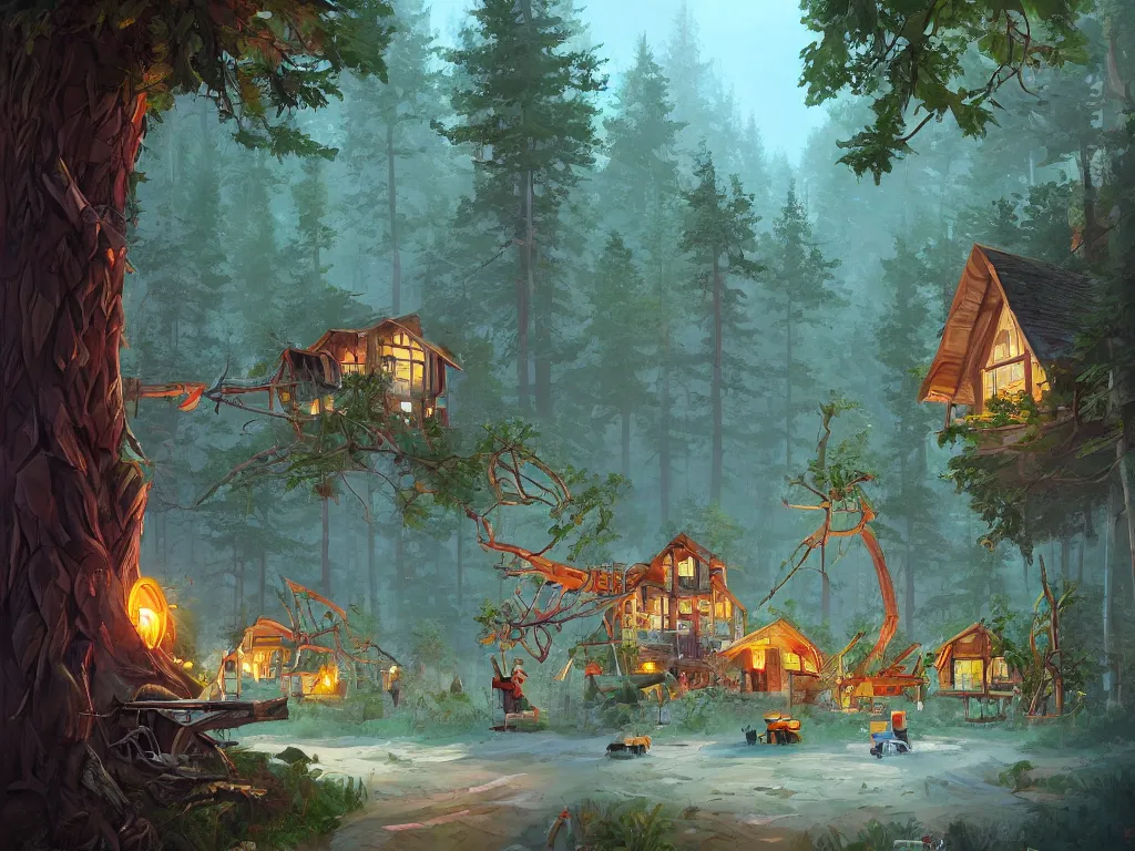 Prompt: woodland cryptids constructing a cottagecore city in a forest, ultradetailed digital art by RHADS, trending on artstation