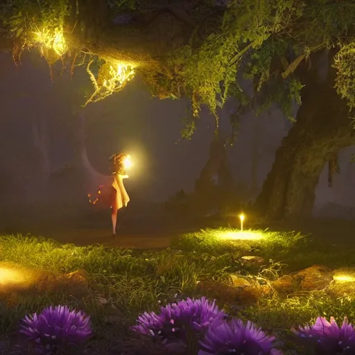 Image similar to fairy glowing magically at night concept art, realistic garden, beautiful, glorious, matte painting, highly detailed, trending on artstation, 4 k, rendered in octane