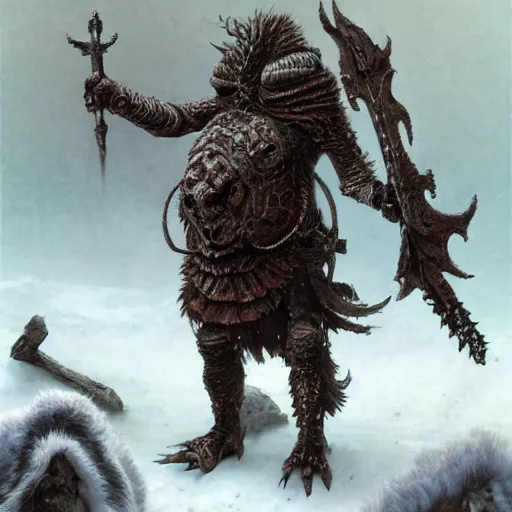 Image similar to anthropomorphic turtle barbarian humanoid, carapace, wayne barlowe, blizzard, winter, night, furs, fantasy