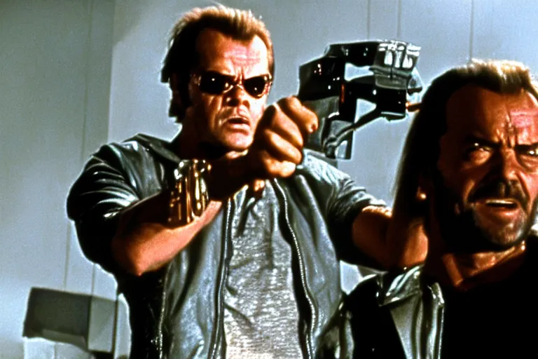 Prompt: Jack Nicholson plays Terminator, scene where he saves Sarah Connor, still from the film