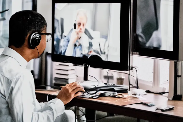 Prompt: a man at his computer wearing earbuds, a symphony orchestra on the screen