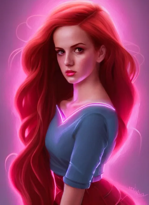 Image similar to full body portrait of teenage cheryl blossom, bangs, green eyes, sultry expression, red hair, sultry smirk, bangs and wavy hair, pink skirt, bangs, intricate, elegant, glowing lights, highly detailed, digital painting, artstation, concept art, smooth, sharp focus, illustration, art by wlop, mars ravelo and greg rutkowski