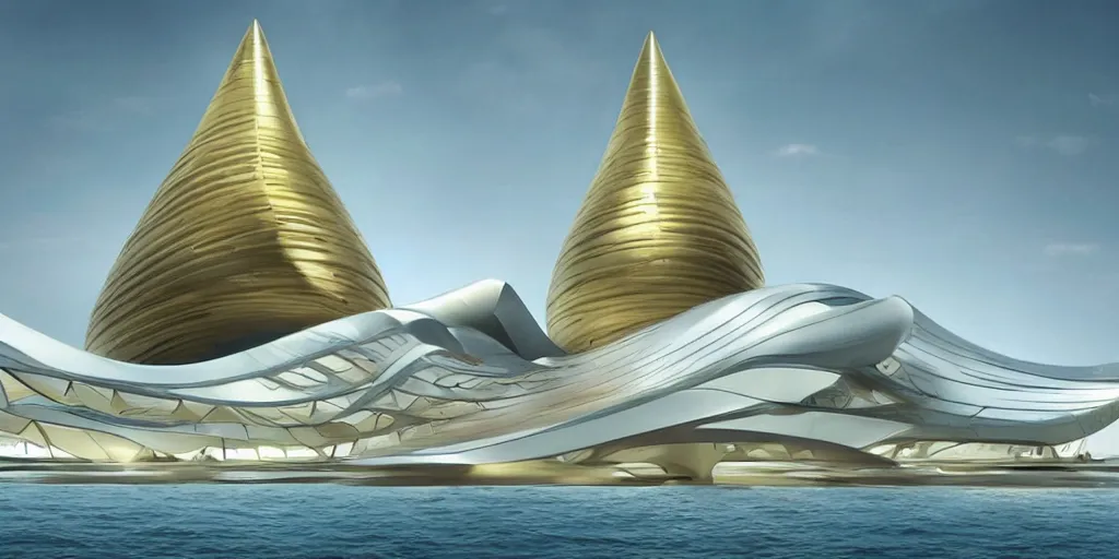 Image similar to mosque floating spaceship by zaha hadid, golds fantasy world