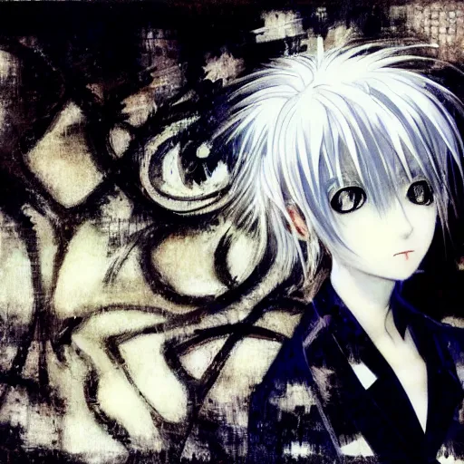 Image similar to Yoshitaka Amano realistic illustration of an anime girl with short white hair and black eyes wearing tuxedo, abstract black and white patterns on the background, noisy film grain effect, highly detailed, Renaissance oil painting