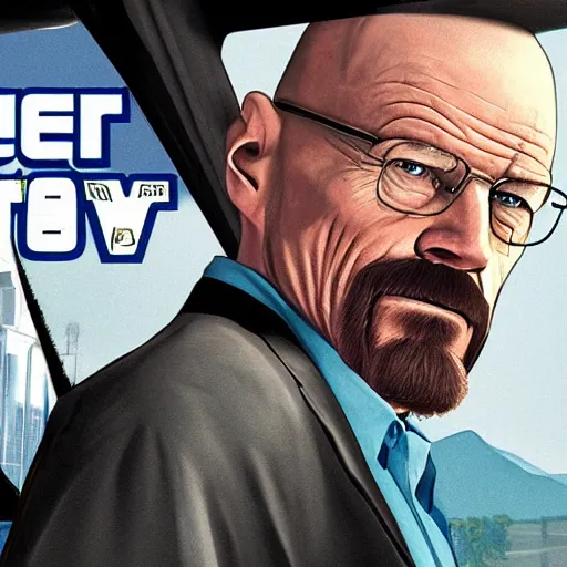 Prompt: Walter White in Grand Theft Auto V cover art