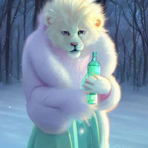 Image similar to aesthetic portrait commission of a albino male furry anthro lion cub popping floating bubbles while wearing a cute mint colored cozy soft pastel winter outfit, winter Atmosphere. Character design by charlie bowater, ross tran, artgerm, and makoto shinkai, detailed, inked, western comic book art, 2021 award winning painting