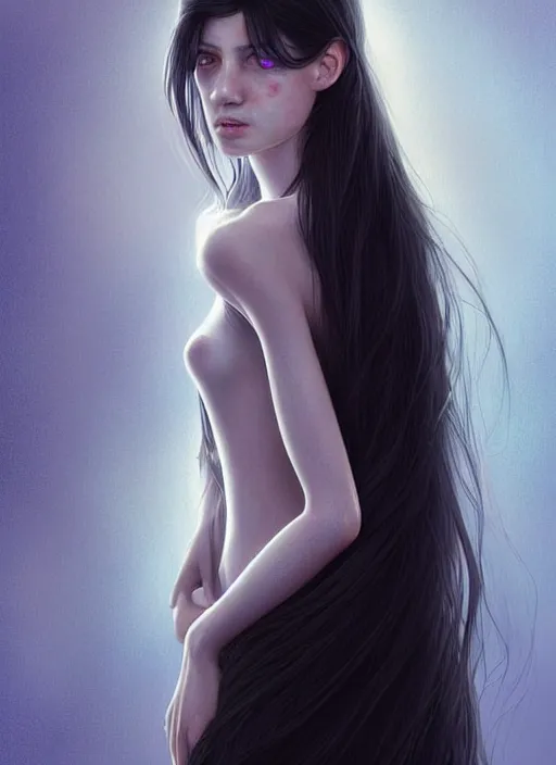 Image similar to a tall girl with long black hair and eyes with hands growing out of her belly, this girl is at school and a girl with blue eyes and blond long hair is crying behind her global illumination!! intricate, elegant, highly detailed, digital painting, artstation, concept art, smooth, sharp focus, illustration, art by artgerm and greg rutkowski and alphonse mucha