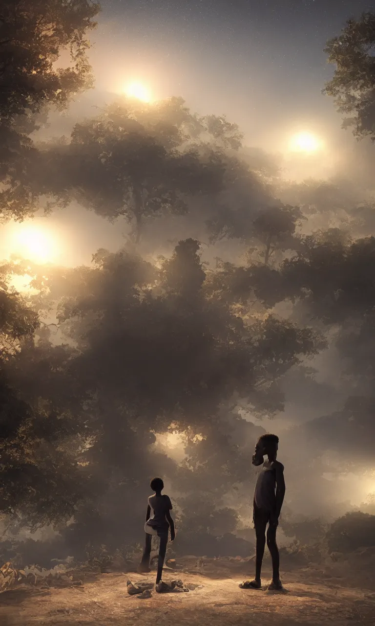 Prompt: a black kid on a florest talking to a ghost of his ancestors, pale light, scenic view, hyper realistic, octane render, ultra detailed, glowing lights, painting by Eden Seifu, trending on artstation.