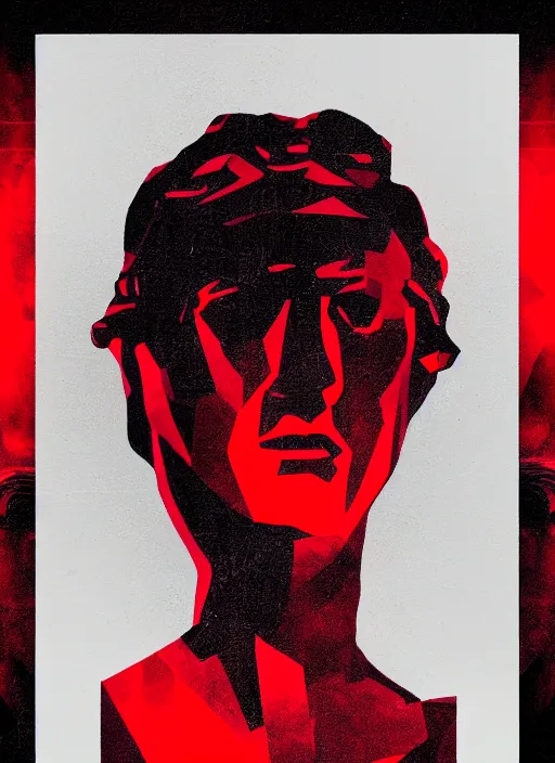 Prompt: dark design poster showing a close up of a statue of apollo, black background with very subtle red and purple design elements, powerful, nekro, vito acconci, thin straight lines, dark, glitch art, neo vaporwave, gritty, layout frame, square, trending on artstation