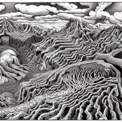 Prompt: intricate, detailed painting of Caelid landscape and its monsters by MC Escher, concept art, illustration