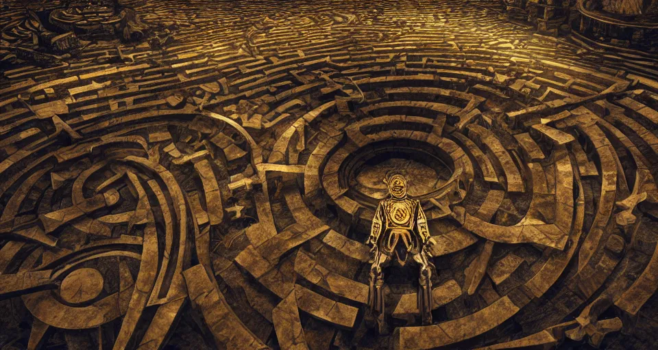 Prompt: circular labyrinth made out of bones, art deco medieval style, grimdark vibes, golden skeleton statue in center of labyrinth, abandoned vibes, gloomy moody clouds, god sun rays, complimentary color scheme, G liulian Art style, dynamic lighting, highly detailed, cinematic landscape, octane render, unreal engine