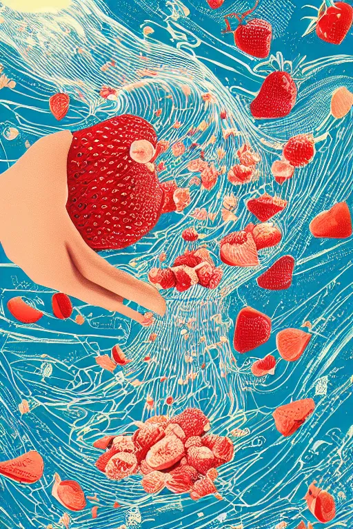 Prompt: a hyperdetailed exquisite delicate strawberries fight with floating milk fluid scene, plane illustration, poster, victo ngai, james jean, spiral strip, milk cubes, strawberry granules, top milk brands, 4 k hd wallpaper illustration, package cover, golden curve composition