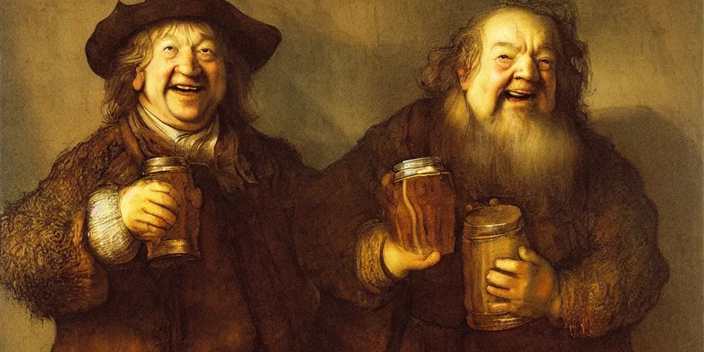 Prompt: a happy hobbit holding a colossal beer stein, portrait, by rembrandt