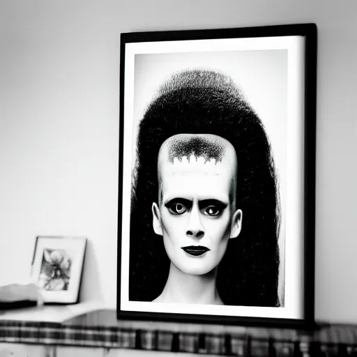 Image similar to symmetrical human portrait of bride of frankenstein as marge simpson, grainy high contrast black and white photography photo print ilford warm tone