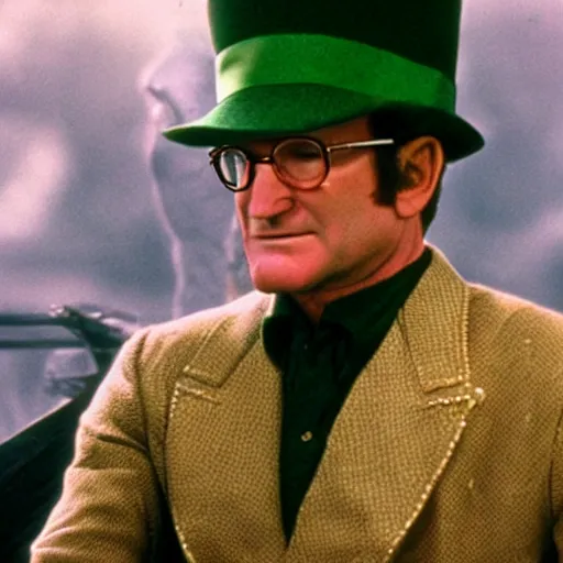 Prompt: award winning awe inspiring movie still of Robin Williams playing The Riddler