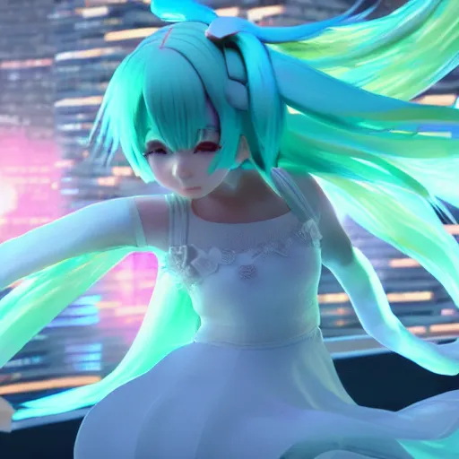 Image similar to Miku dancing, octane render, 8K, depth of field