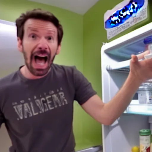 Image similar to still from a velociraptor scientist's vlog complaining about his samsung refrigerator