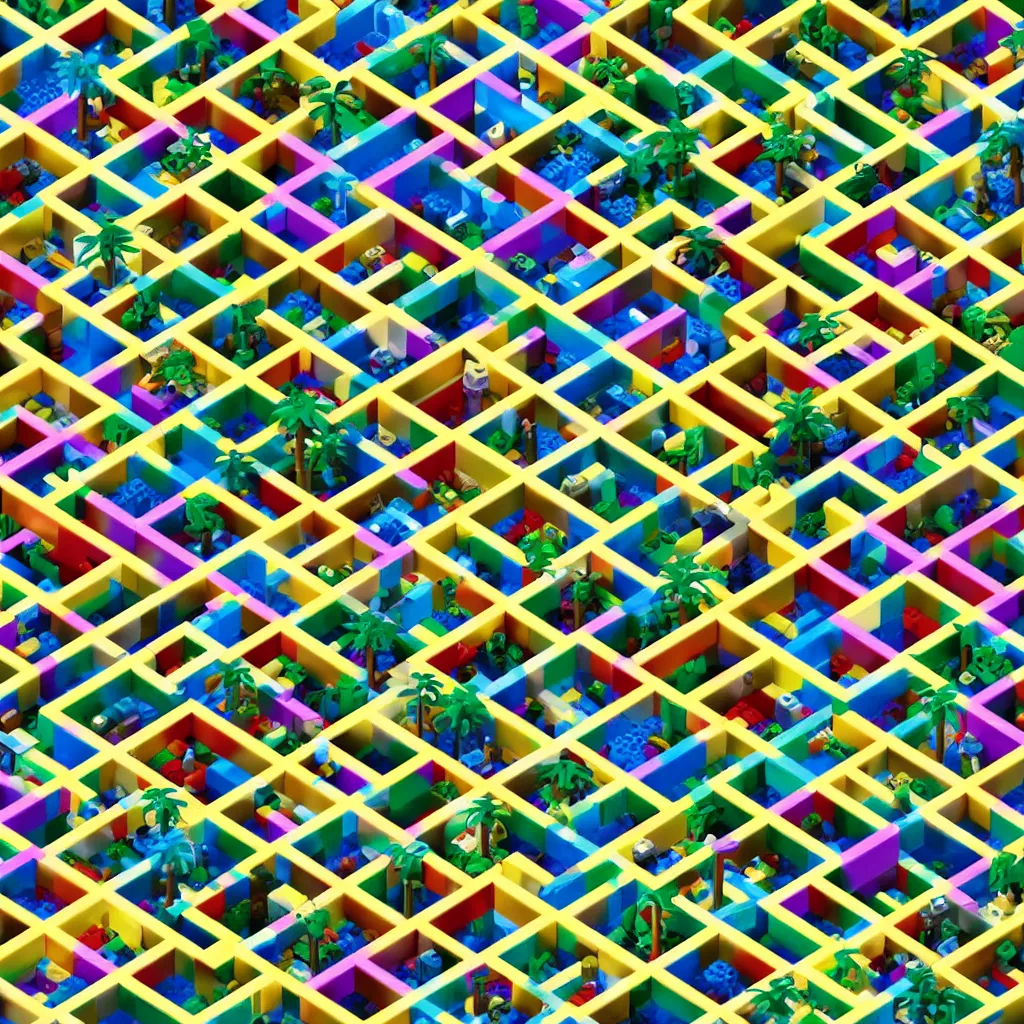 Image similar to wimmelbilder maze made of lego, isometric, octane render, Lego palm trees, unreal engine