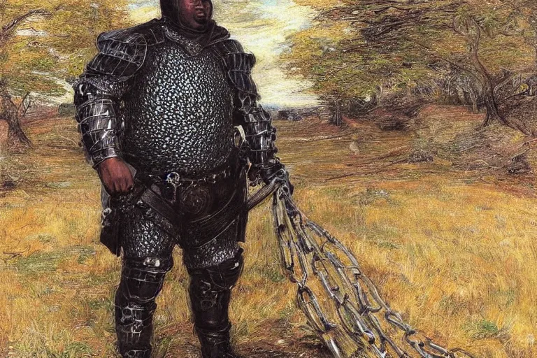 Image similar to portrait of edp445 but hes in chain mail armor by john everett millais