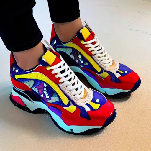 Image similar to balenciaga sneakers, biomorphic, robot, colorful, highly detailed, hyper realistic,