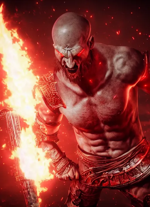 Image similar to red facial stripe armored screaming kratos rocking hard on a flaming stratocaster guitar, cinematic render, god of war 2 0 1 8, playstation studios official media, lightning, flames, clear, coherent, guitar, guitar