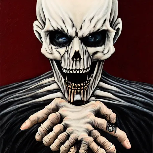 Image similar to a portrait of the grim reaper as a punk rocker playing an electric guitar, punk, skeleton face, mohawk, dark, fantasy, leather jackets, spiked collarsand wristbands, piercings, boots, ultrafine detailed oil on canvas painting by frank frazetta and vito acconci and and takeshi obata, death note style, symetric body, sharp focus