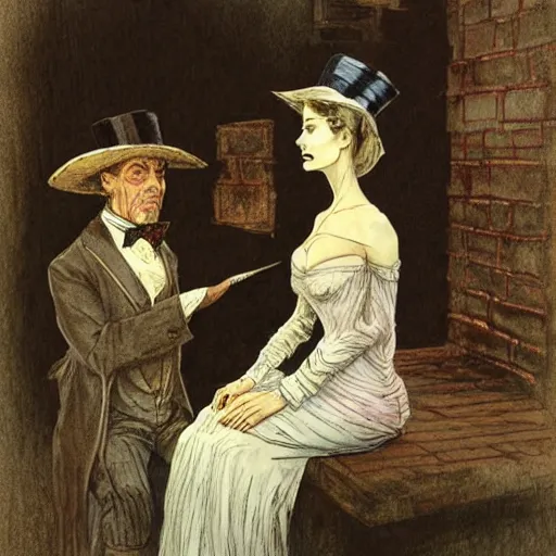 Prompt: a mummy in victorian clothes and a top hat has an intimate conversation with a woman in victorian clothes, graphic novel style by alan lee and john howe
