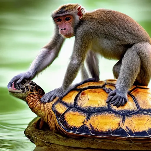 Prompt: nature photograph of a monkey sitting on the back of a turtle. turtle. turtle. national geographic