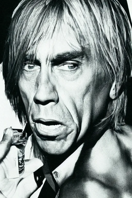 Prompt: a soda bottle with iggy pop's face on the label