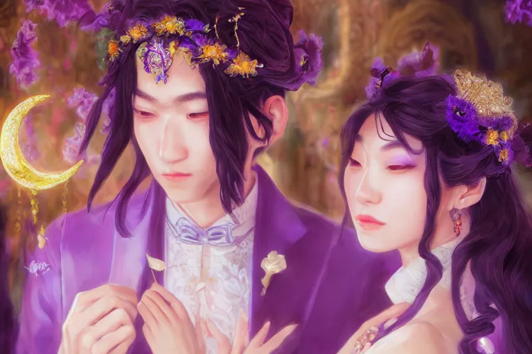 Image similar to a cinematic portrait of wedding photograph jpeg close up moment of a divine a japan sun god and moon goddess lovers magician at a wedding banquet. portraiture. digital painting. artstation. concept art. fantasy wedding photo. digital painting, 8 k realistic, hyper detailed, violet evergarden art masterpiece by art by krenz cushart