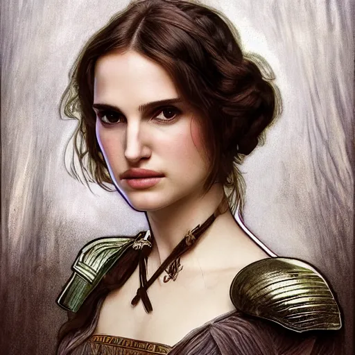 Prompt: head and shoulders portrait of a female knight, young natalie portman, by alphonse mucha, artgerm, game of thrones, eldritch, silken hair, armored, etched breastplate, vogue fashion photo