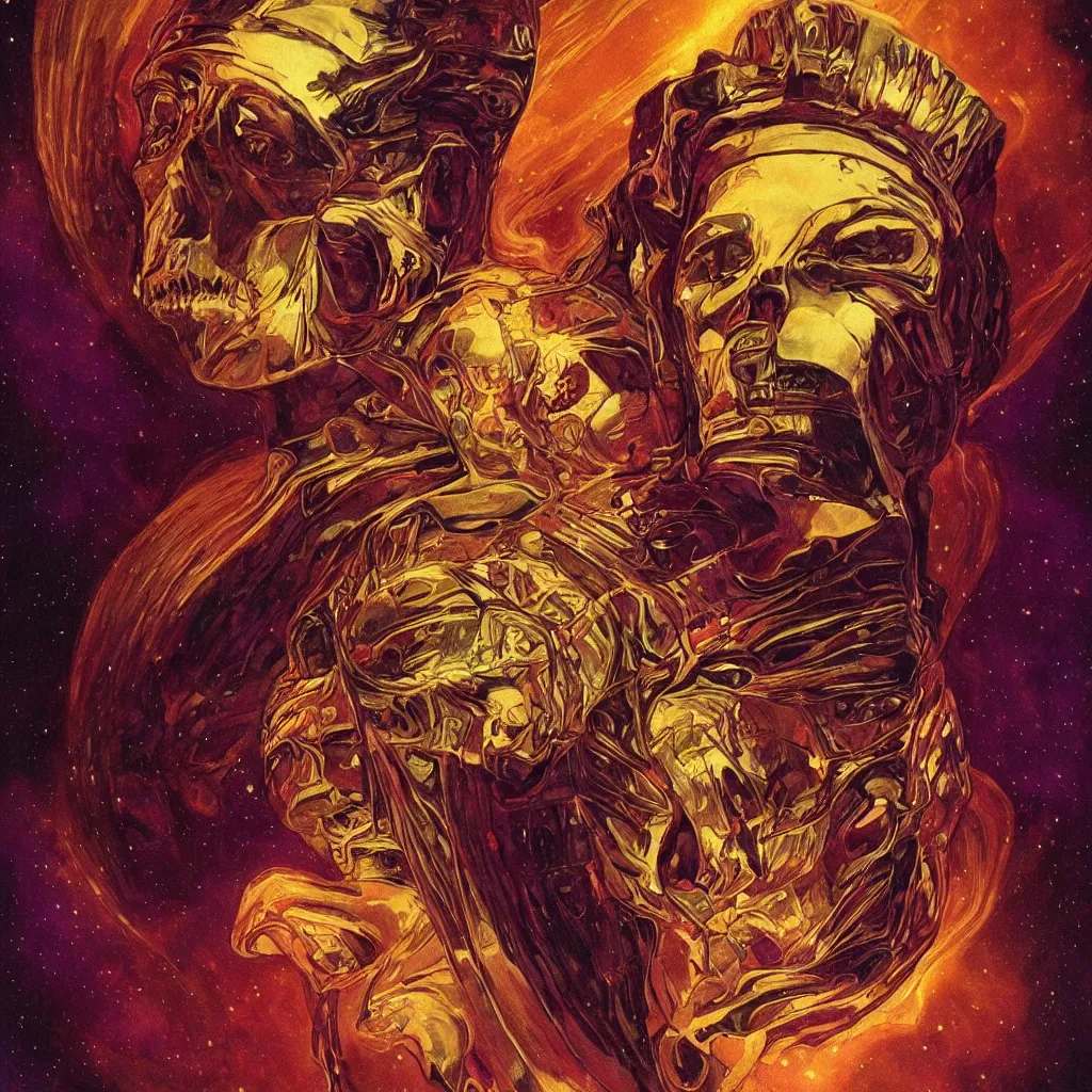 Image similar to intense glowing egyptian mummy god with ancient bandages and intense black eyes with a skull in very dark cosmic nebula by artgerm and beksinski and alphonse mucha, portrait, centered, symmetrical, clear, light beams, lens flare, intense, pharoah, uhd, amazing depth, cinematic lighting, black and purple and shining gold