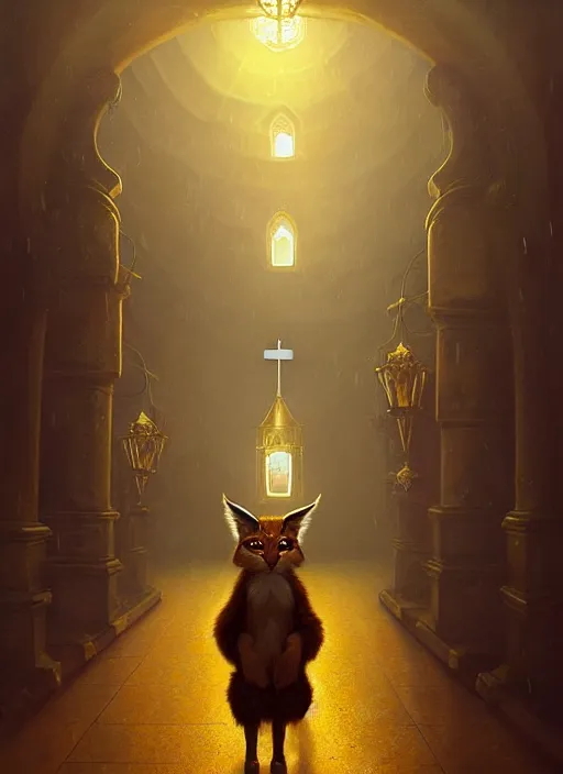 Image similar to surrealistic portrait of cute fluffy anthropomorphic caracal in golden clothes wearing vr in orthodox church, bokeh, foggy, dynamic lighting, darkness, ambients, dramatic, foggy, heavy bokeh and blur, cinematic, depth of field, art by bussiere rutkowski andreas rocha