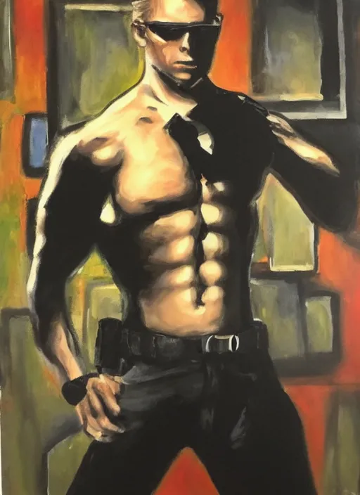 Image similar to Albert Wesker full body portrait, action! pose!, oil painting, surrounded by black tendrils