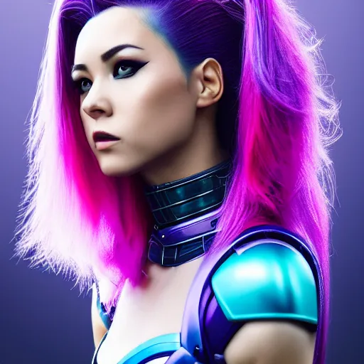 Image similar to a stunning high shutter speed action upper body portrait of a beautiful woman with a ombre purple pink hairstyle with hair flying wearing futuristic navy blue and teal battle bodyarmor and pauldrons by marvel comics, outrun, vaporware, action photography, highly detailed, fine detail, intricate, digital art, trending on artstation