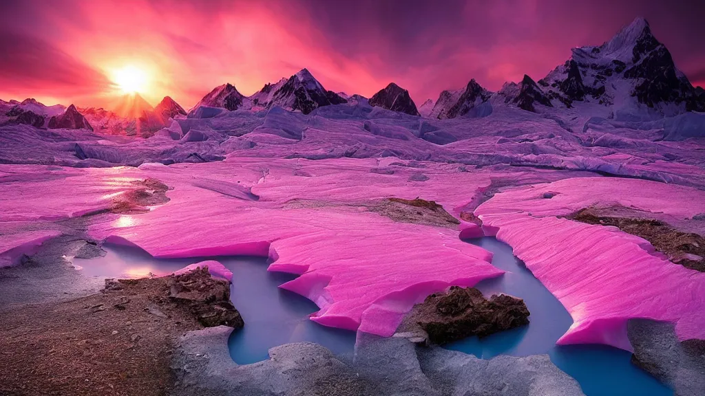 Prompt: amazing landscape photo of a pink glacier with lake in sunset by marc adamus, beautiful dramatic lighting