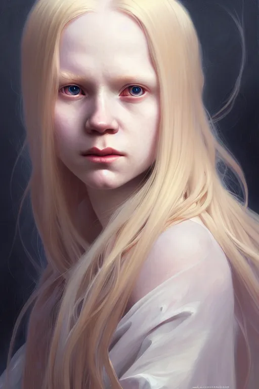 Image similar to Close-up portrait of young albino girl, long blonde hair, dark fantasy, portrait, highly detailed, digital painting, artstation, concept art, sharp focus, illustration, art by artgerm and greg rutkowski and alphonse mucha