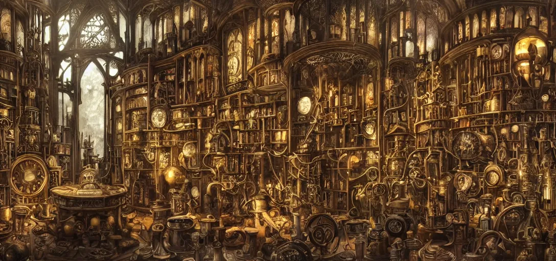 Prompt: An intricate scene of an interior of a gothic castle with a lot of magic bottles and mechanisms of an alchemist, other bookshelves with bottles and alchemy stuff in the background::huge mechanical clocks in the center of composition with a lot of pipes and wires::dark fantasy, detailed concept art, artstation, high details::8K, 4K, sharp focus, octane render